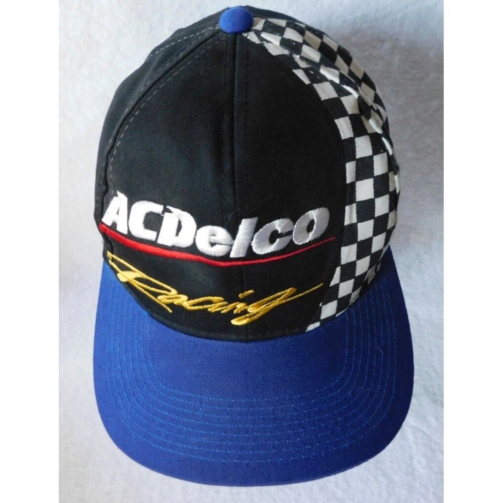 Vintage Black Blue AC DELCO RACING Nascar Embroidered Checkered Cap Adjustable